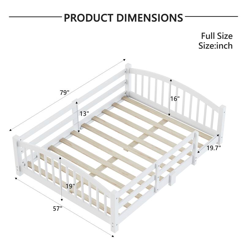 Montessori Solid Pine Floor Bed with Full-Length Safety Fence & Slatted Base by Harper&Bright Designs