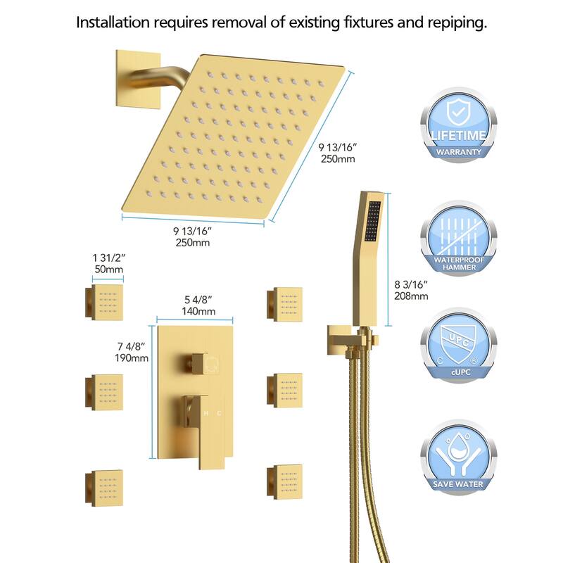 10" High-Pressure Balanced Rainfall Shower System with Handheld Spray & 6 Body Jets