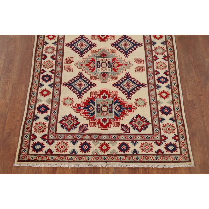 Geometric Ivory Kazak Oriental Accent Rug Handmade Wool Carpet - 3'5" x 4'11"