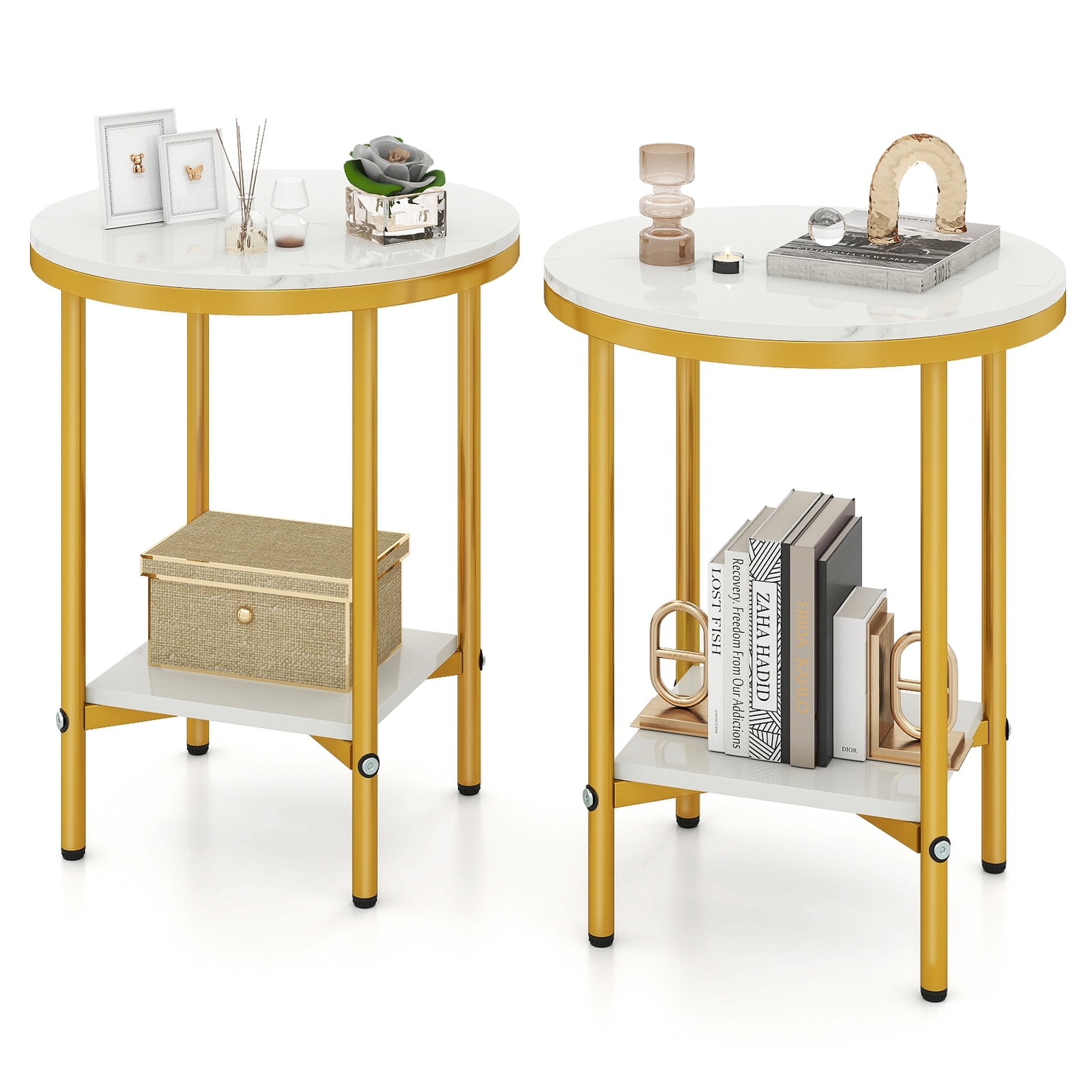Gymax 2-Tier Round Side Table Set of 2 16'' Faux Marble End Table w/