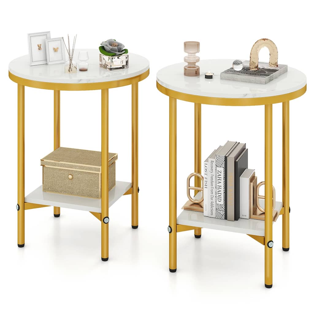 Gymax 2-Tier Round Side Table Set of 2 16'' Faux Marble End Table w/