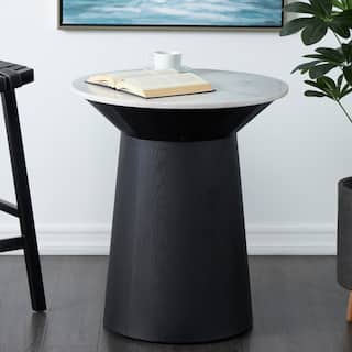 White Marble Geometric Side End Accent Table with Black Wooden Base