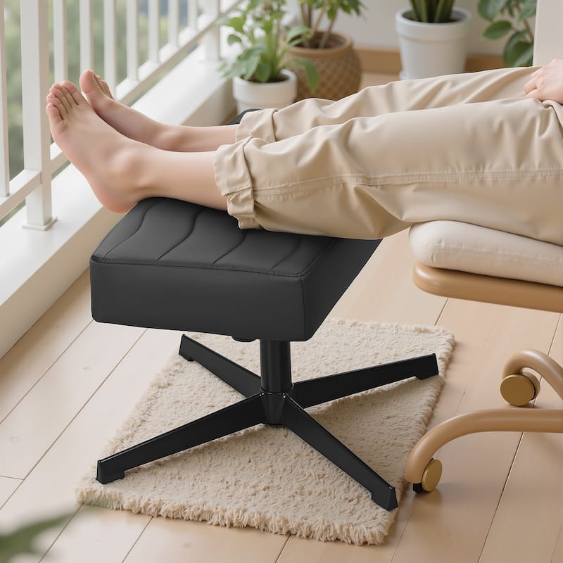 Javlergo Black PU Leather Footstool Adjustable Height 360 Rotating Footstool 3.9" Thick Cushion for Office and Home Use