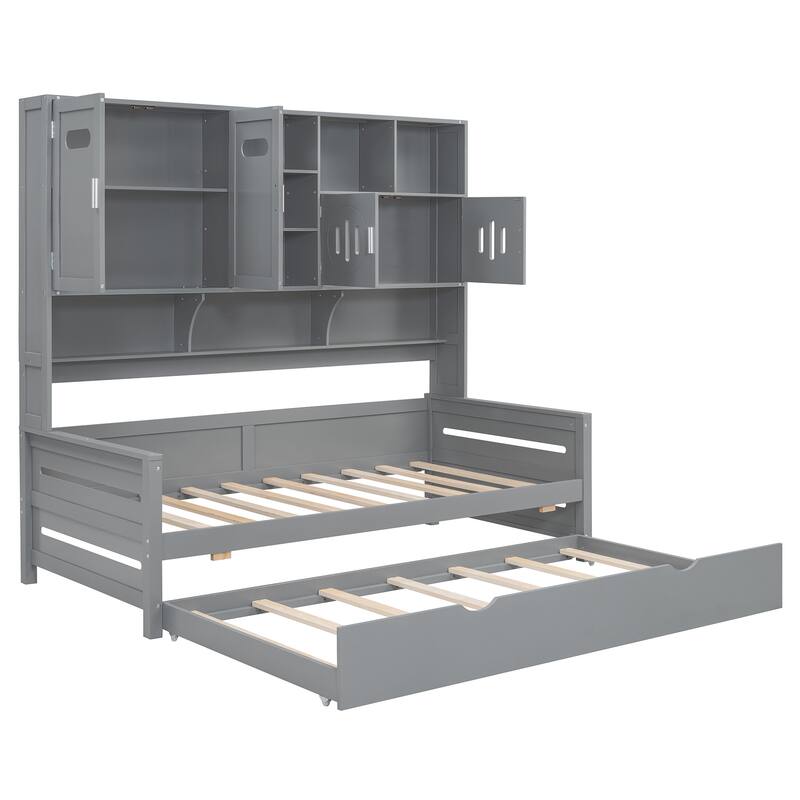 Full Size Wood Daybed with Built-in Storage Cabinet, Open Shelves & Twin Trundle Bed, Space-Saving Multi-Functional Frame