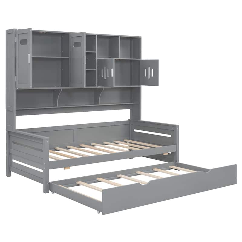 Space-Saving Twin Size Daybed with All-in-One Cabinet, Wooden Platform Bed Frame with Twin Trundle & Shelf, No Box Spring Needed
