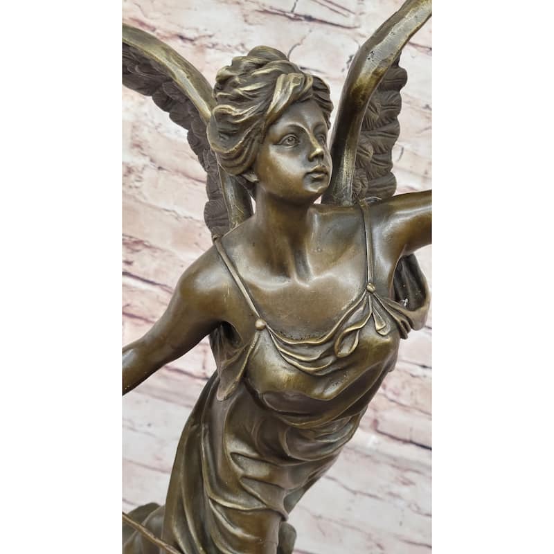 Angel Winged Female Figure Holding Wreath Trumpet Horn Bronze Sculpture Statue By Moreau
