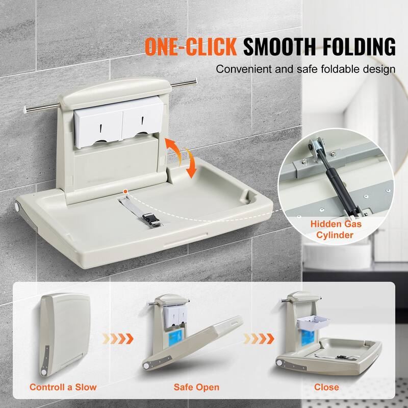 Gray HDPE Foldable Wall Baby Changing Table with Safety Belt & Rods - 33.86 x 22.24 x 19.69 inch