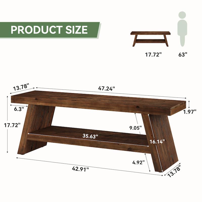 Solid Wood Entryway Bench, 2-Tier Shoe Bench with Open Shelves