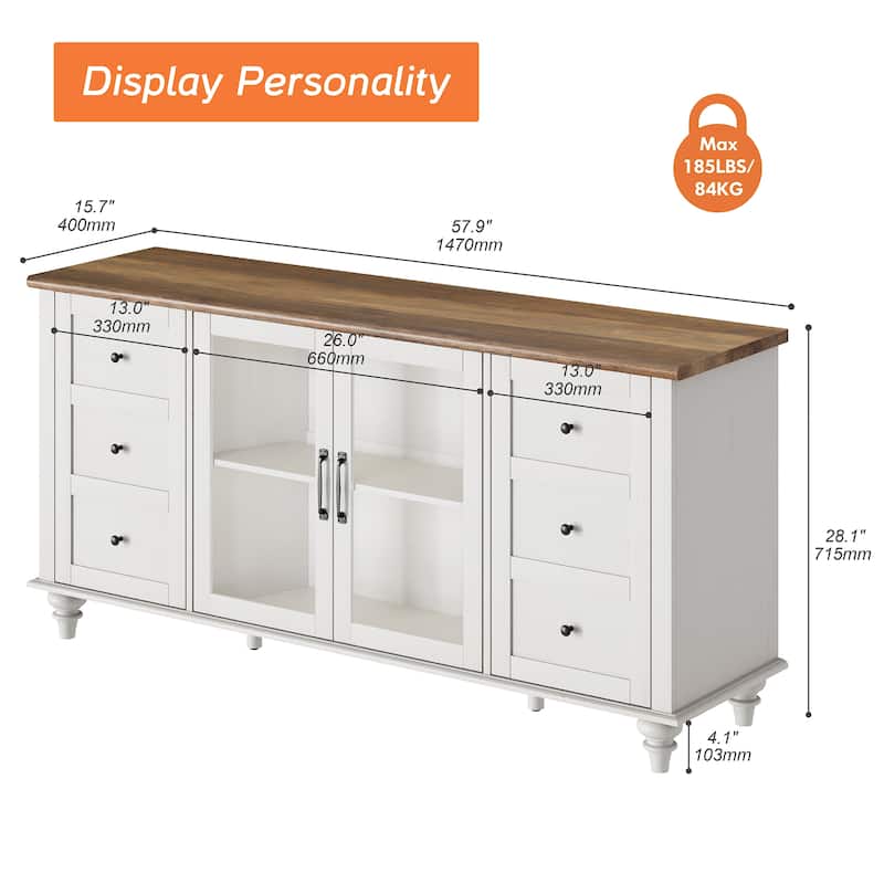 WAMPAT Farmhouse Glass Door TV Stand for up to 110" TVs, Modern Entertainment Center with Storage