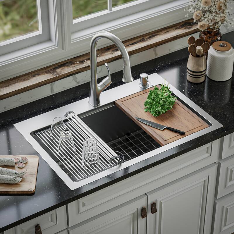 Karran Elite WST-23-PK1 Top Mount 33" Single Bowl Stainless Steel Workstation Kitchen Sink