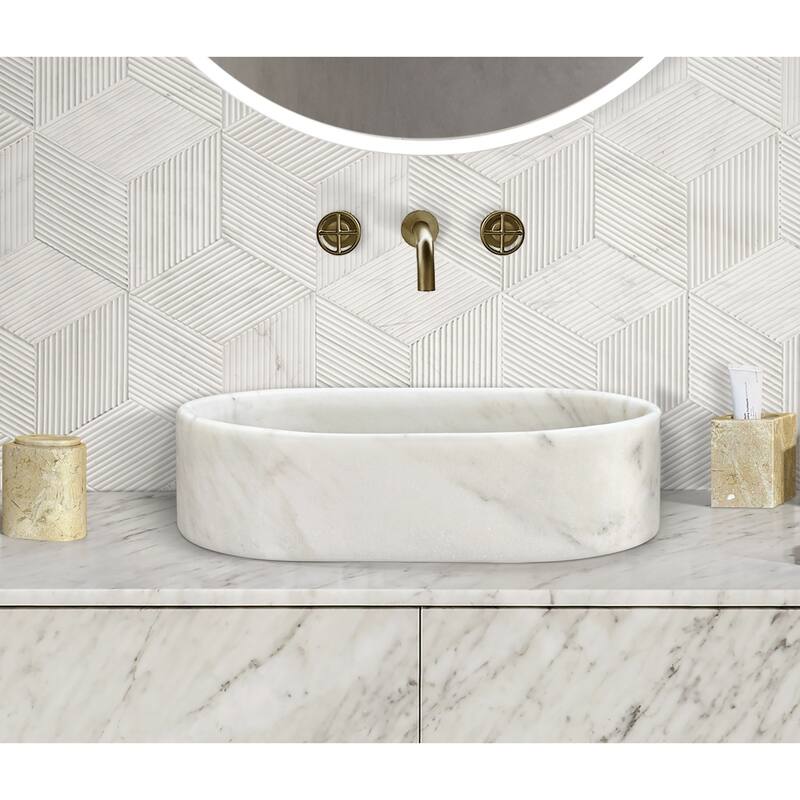 Roomfitters Marble Bathroom Vessel Sink, Natural Stone Countertop Wash Basin, Polished Oval Vanity Sink