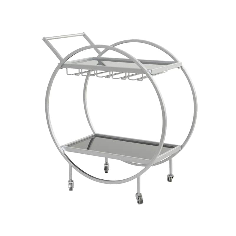 Metal Rolling 2 Mirrored Shelves Bar Cart with Wine Glass Storage and Handle - Rose Gold, Silver or Black - Roche River Decor