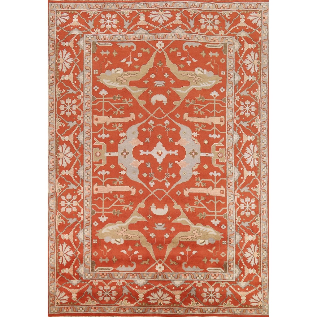 All-Over Orange Oushak Indian Area Rug Hand-Knotted Wool Carpet - 8'11" x 12'1"
