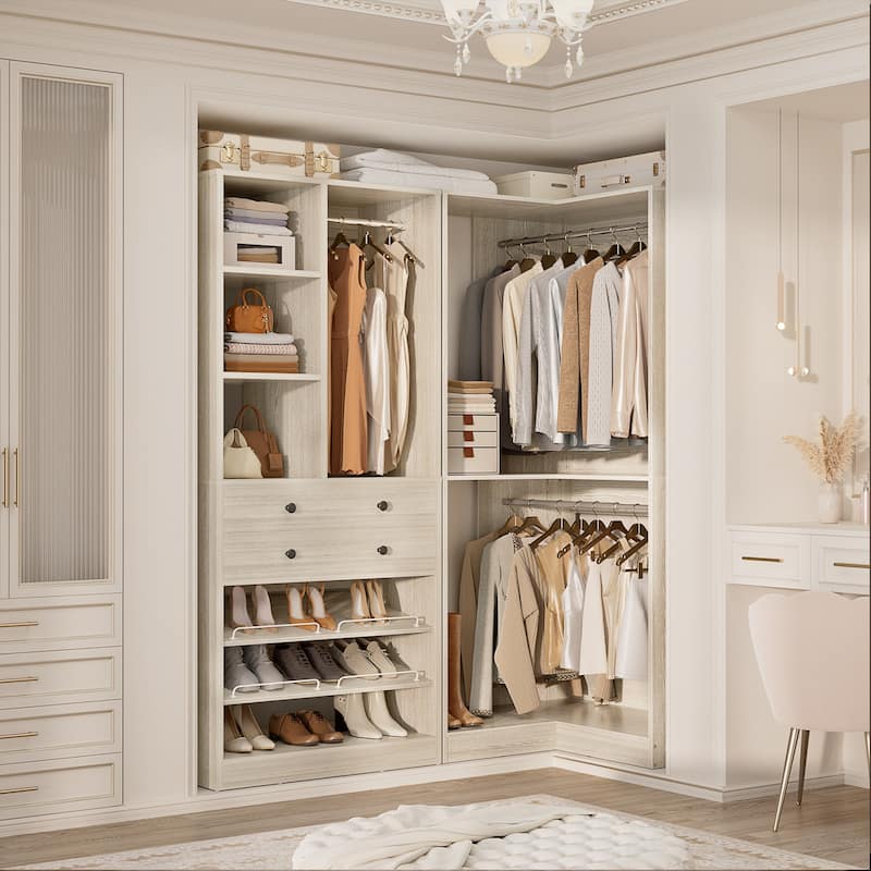 Set of 2/ 3 Coner Closet System with Shoe Racks and Drawers, Freestanding Closet Organizer with Hanging Rods and Shelves