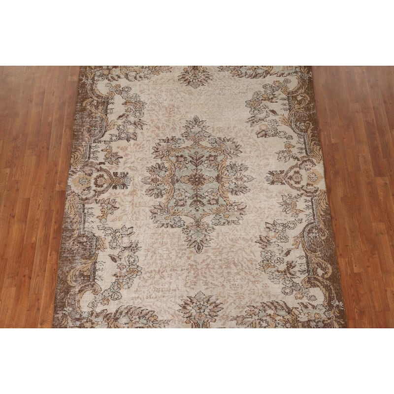Distressed Sparta Turkish Vintage Rug Hand-Knotted Beige Wool Carpet - 5'11"x 9'1"