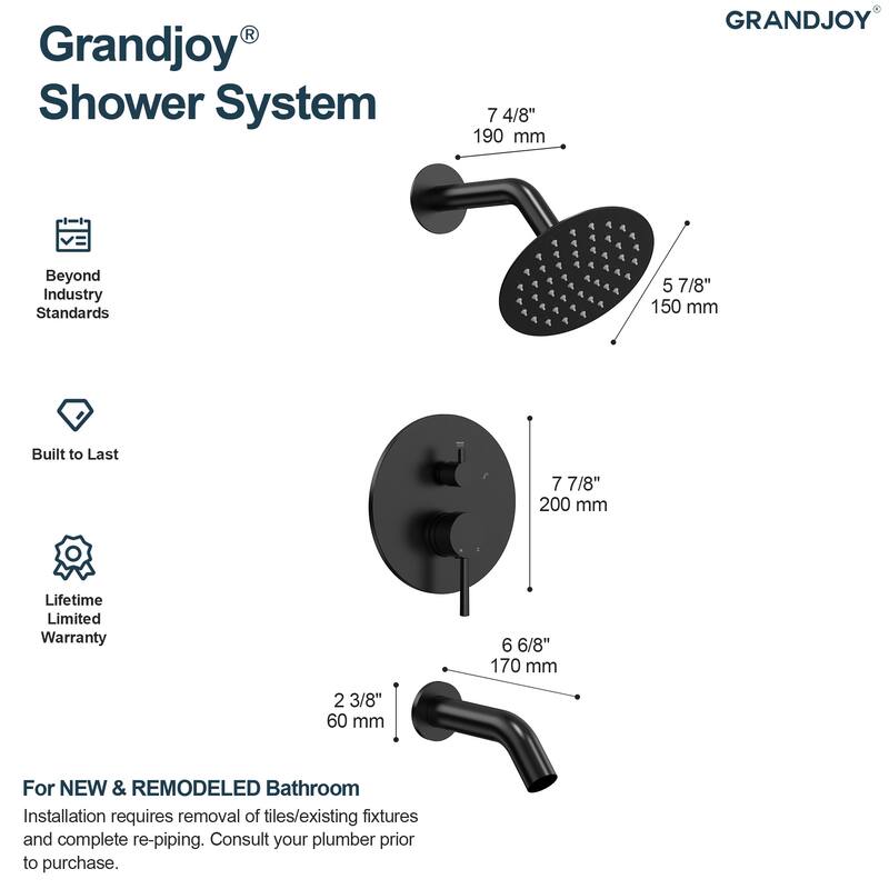 GRANDJOY Wall-Mount 2-Function Shower and Tub System with Pressure Balance Valve
