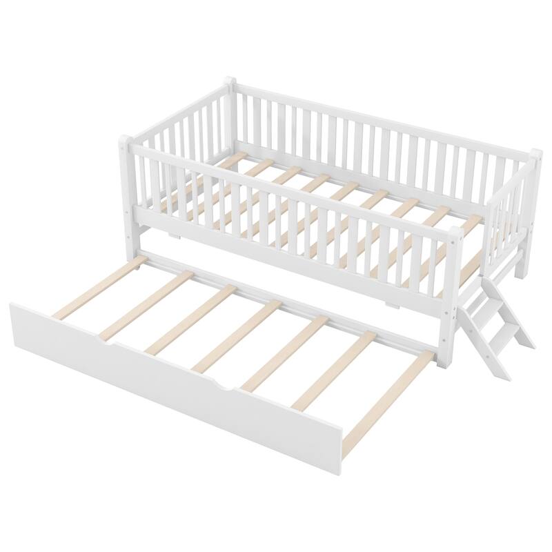 Roomfitters Twin Wood Platform Bed with Semi-Enclosed Guardrail and Trundle