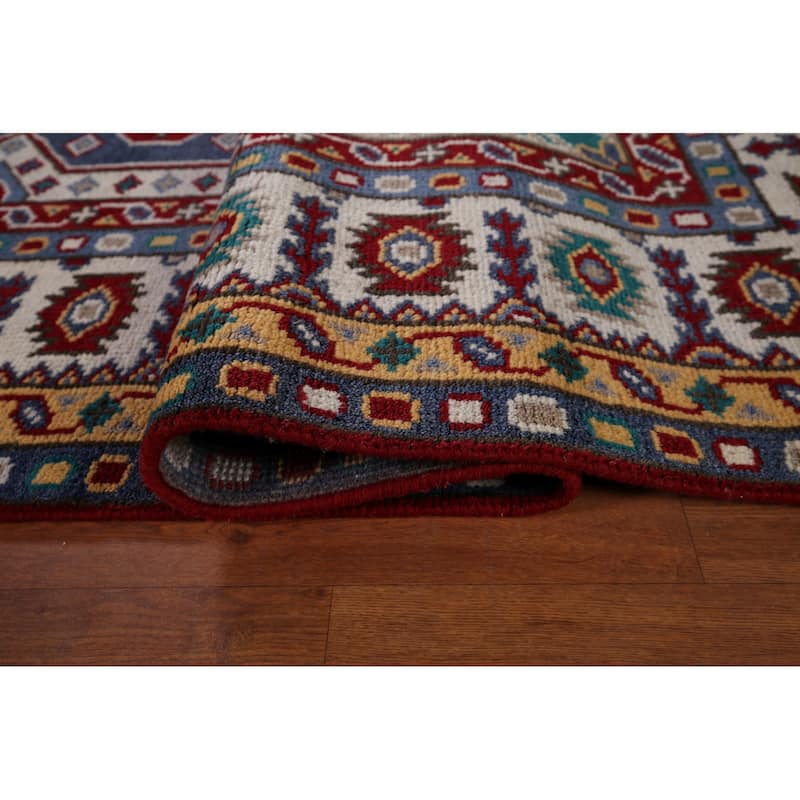 Geometric Kazak Area Rug Hand-Knotted Blue Oriental Wool Carpet - 8'10" x 11'8"