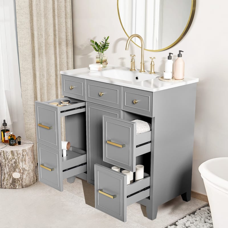 36" Bathroom Vanity with Ceramic Sink,Solid Wood Frame