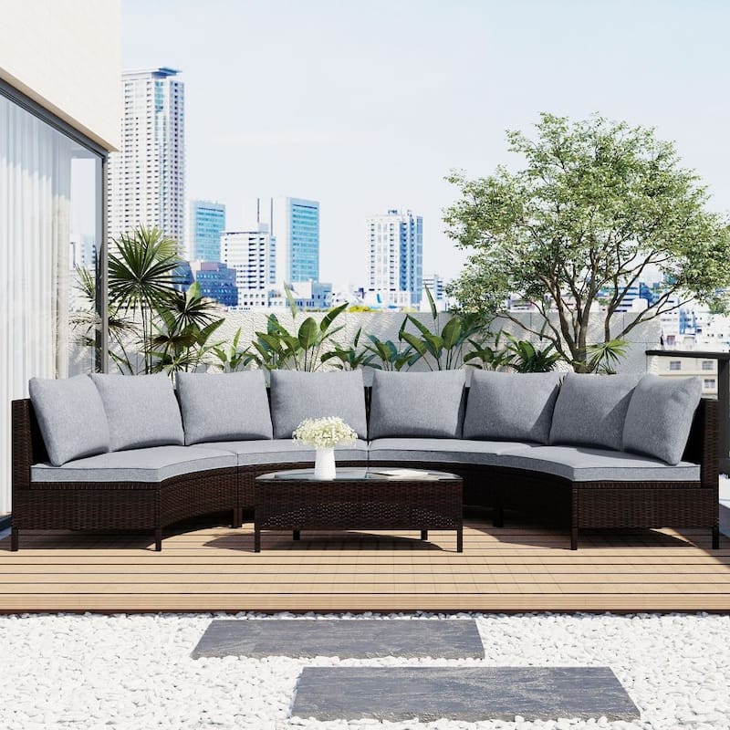 5 Pieces PE Rattan Wicker Sofa Set Outdoor Patio Sectional Furniture Set,Brown - Brown