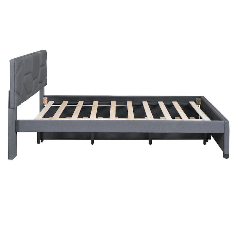 Queen Size Upholstered Platform Bed with Brick Pattern Headboard and ...