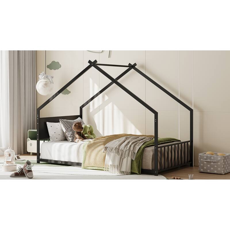 House Bed with Roof and Colorful Lights, House-shaped Frame Floor Bed with House Roof Frame, Metal Bed Frame with Slats and Legs