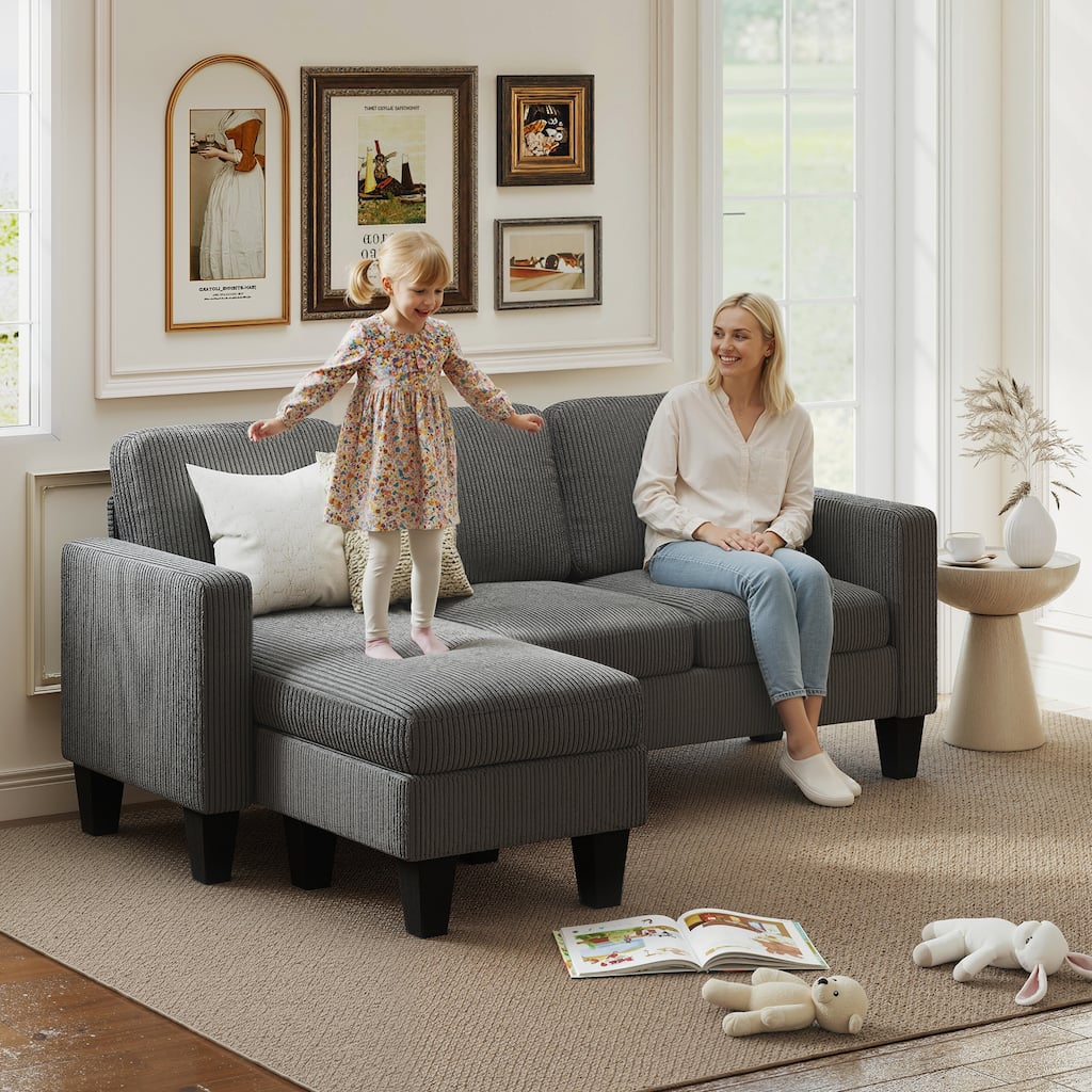 HOMCOM 73" Corduroy L-Shaped Sectional Sofa, Reversible Chaise/Ottoman, 2200lb