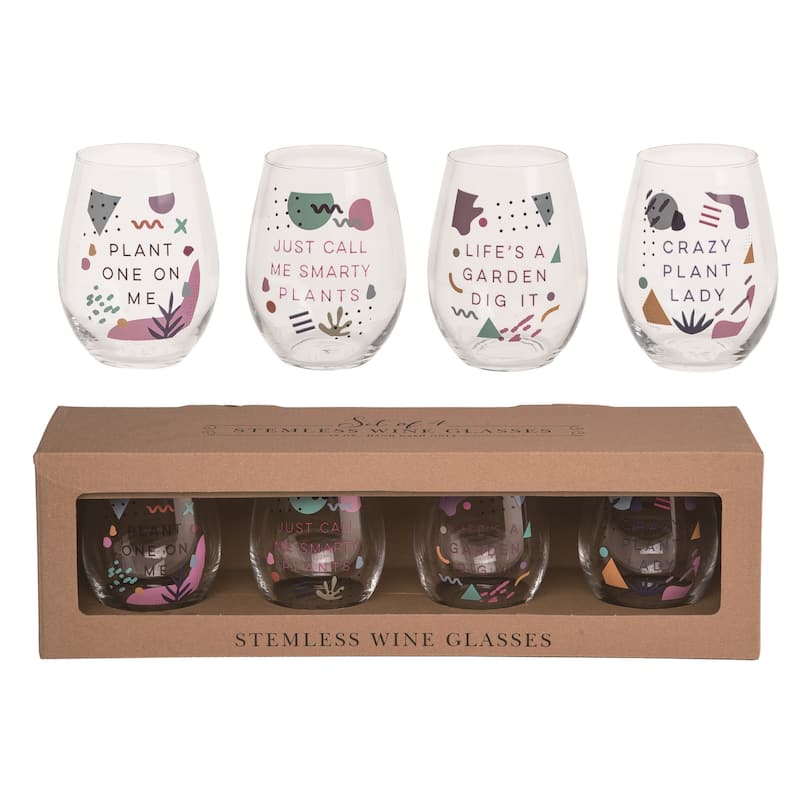 Transpac Glass 18 oz Multicolor Spring Stemless Plant Enthusiast Wine Glasses Set of 4