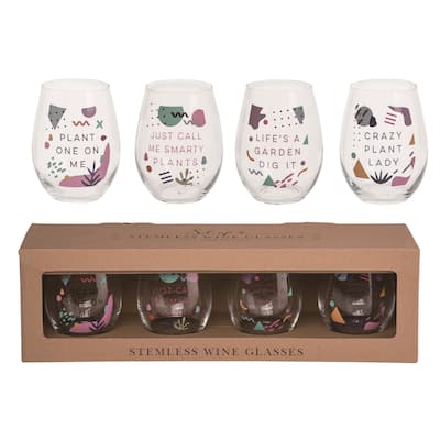 Transpac Glass 18 oz Multicolor Spring Stemless Plant Enthusiast Wine Glasses Set of 4