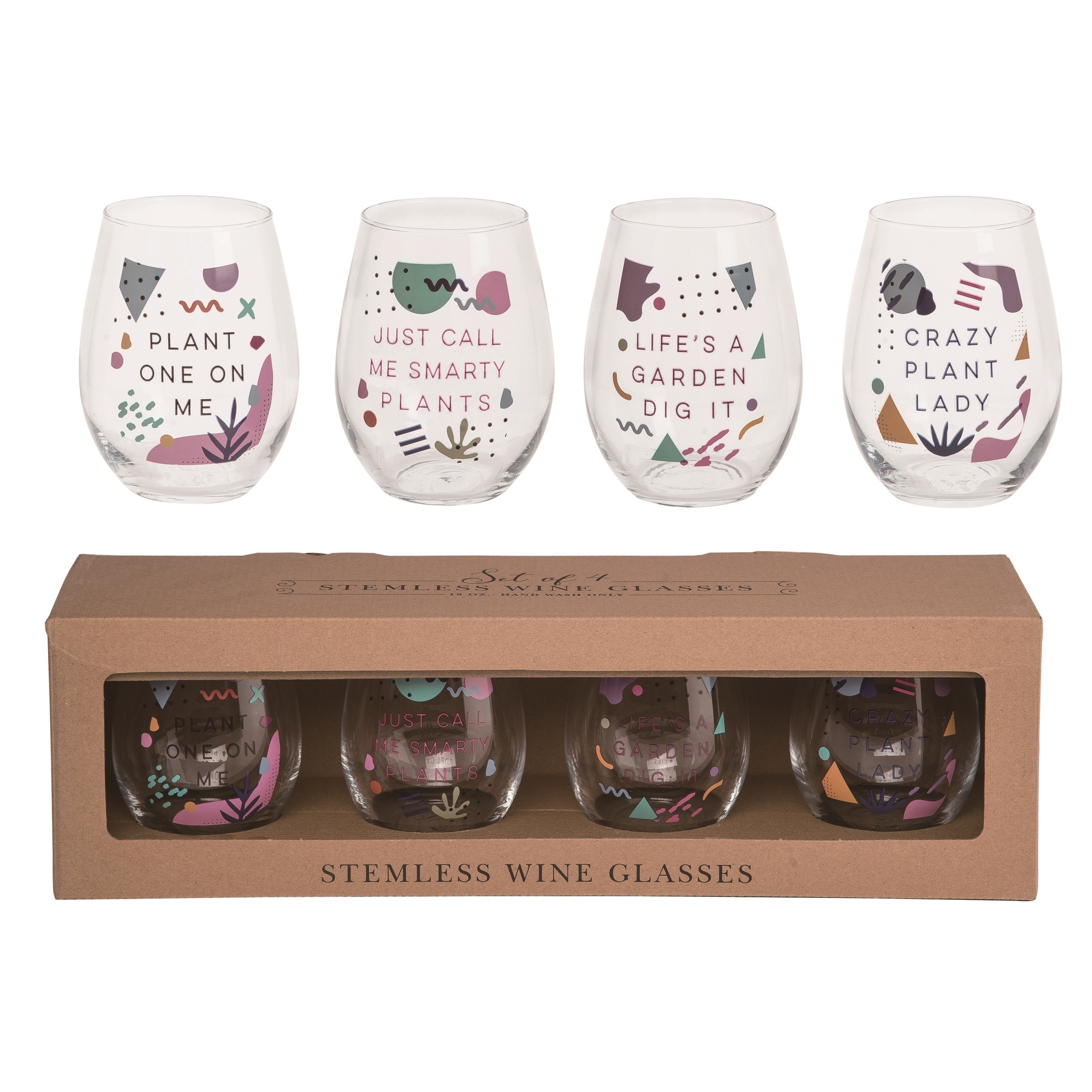 Transpac Glass 18 oz Multicolor Spring Stemless Plant Enthusiast Wine Glasses Set of 4