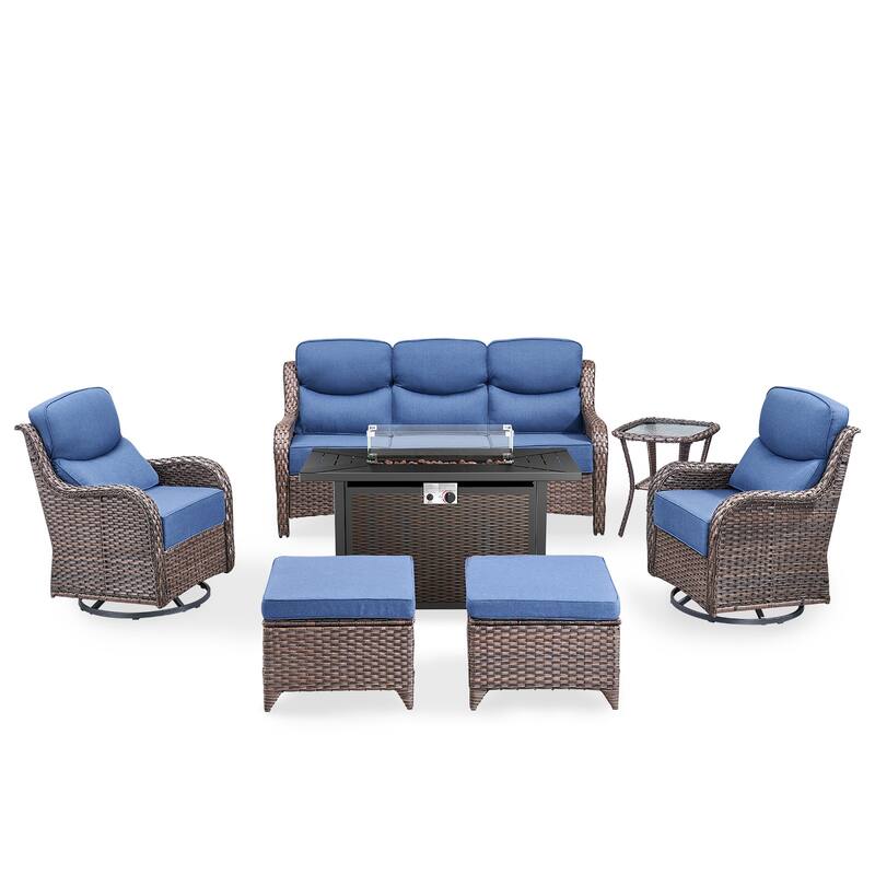 Gymojoy 7-Piece Wicker Patio Furniture Sofa Set with Fire Pit Table, 6-Inch Thick Cushion Swivel Glider Chairs & Ottomans