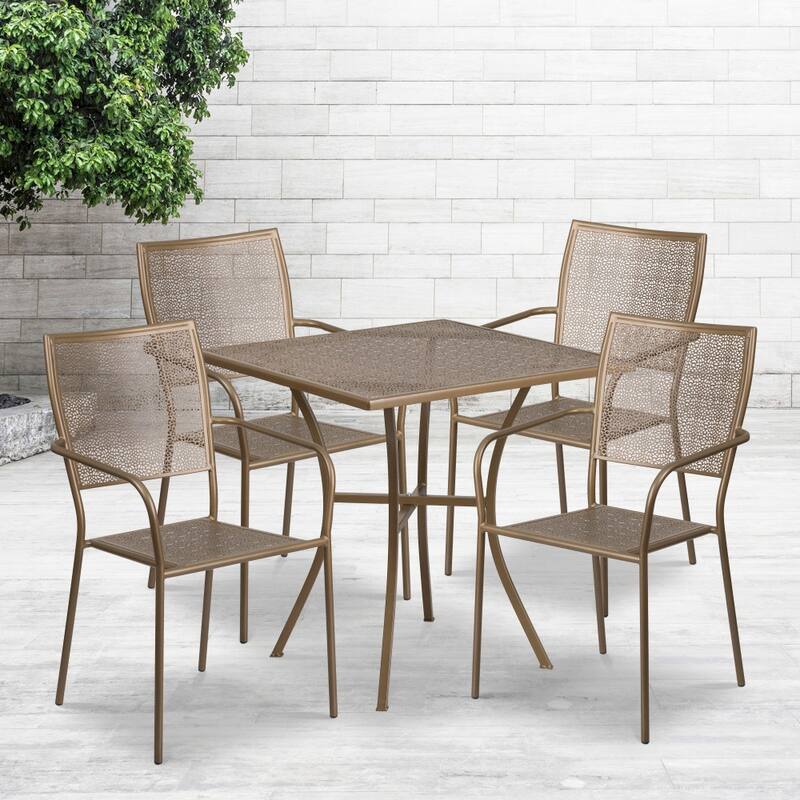 28'' Square Indoor-Outdoor Steel Patio Table Set with 4 Square Back Chairs - Gold