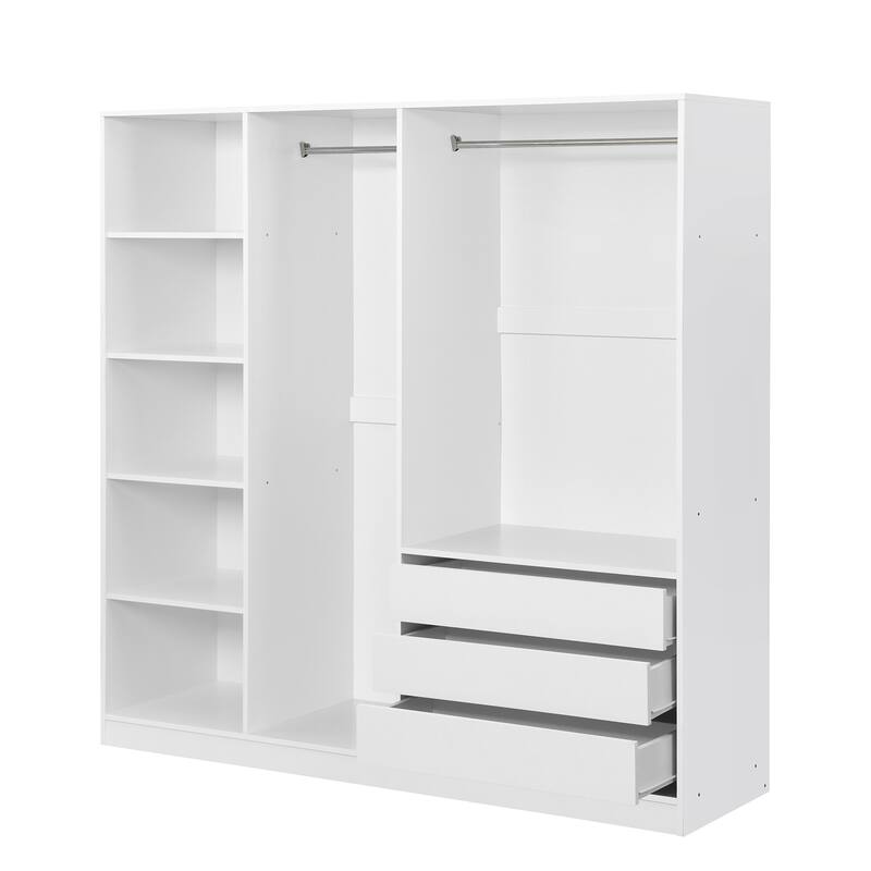 Doorless Wooden Storage Wardrobe with Drawers, White Clothing Storage Cabinet Organizer with Open Shelves