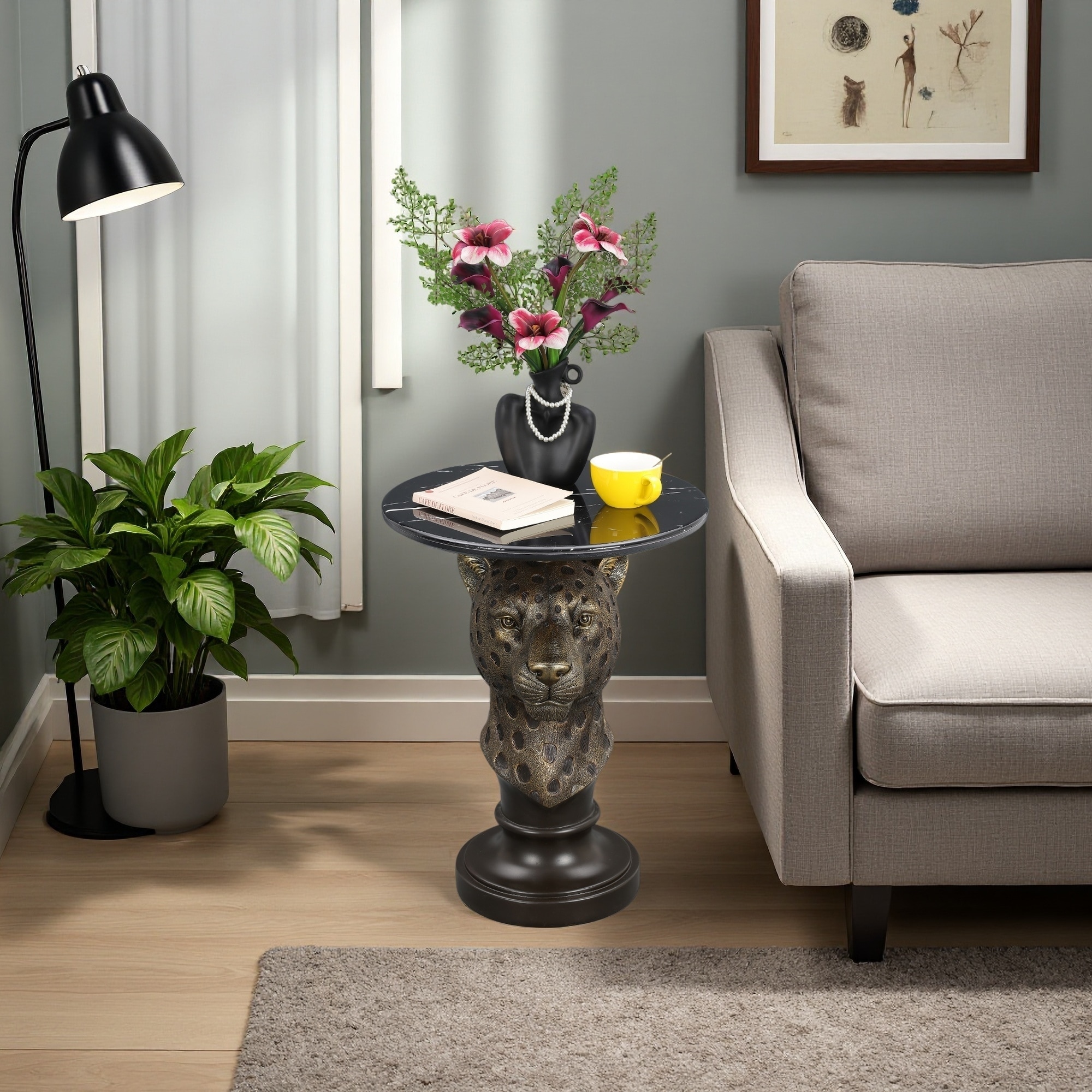 11.81" Modern Leopard Head Accent Table with Round Faux Marble Tabletop for Living Room, Bedroom