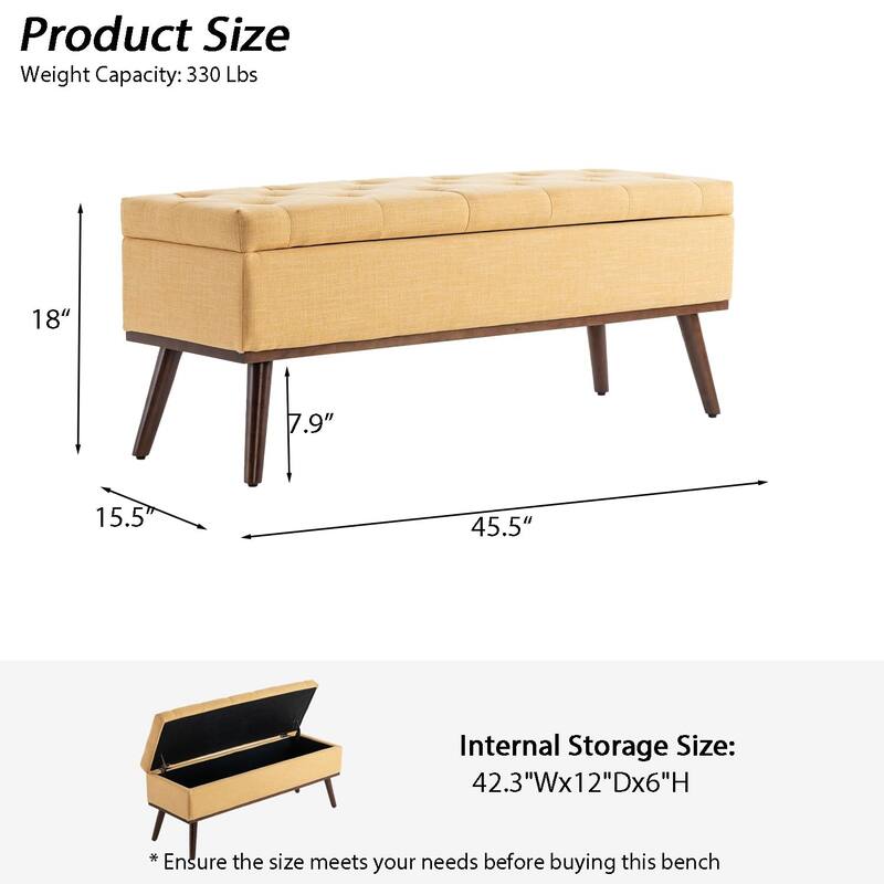 Linen Storage Ottoman Bench with Wood Legs, Upholstered Entryway Bench Tufted Mid Century Modern Ottoman Bedroom End of Bed