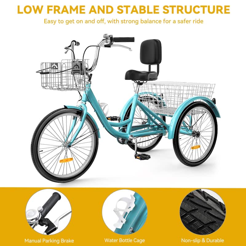 Adult Tricycle Adult Trike 24"/26"1 Speed 3 Wheel Bike w/Removable Basket