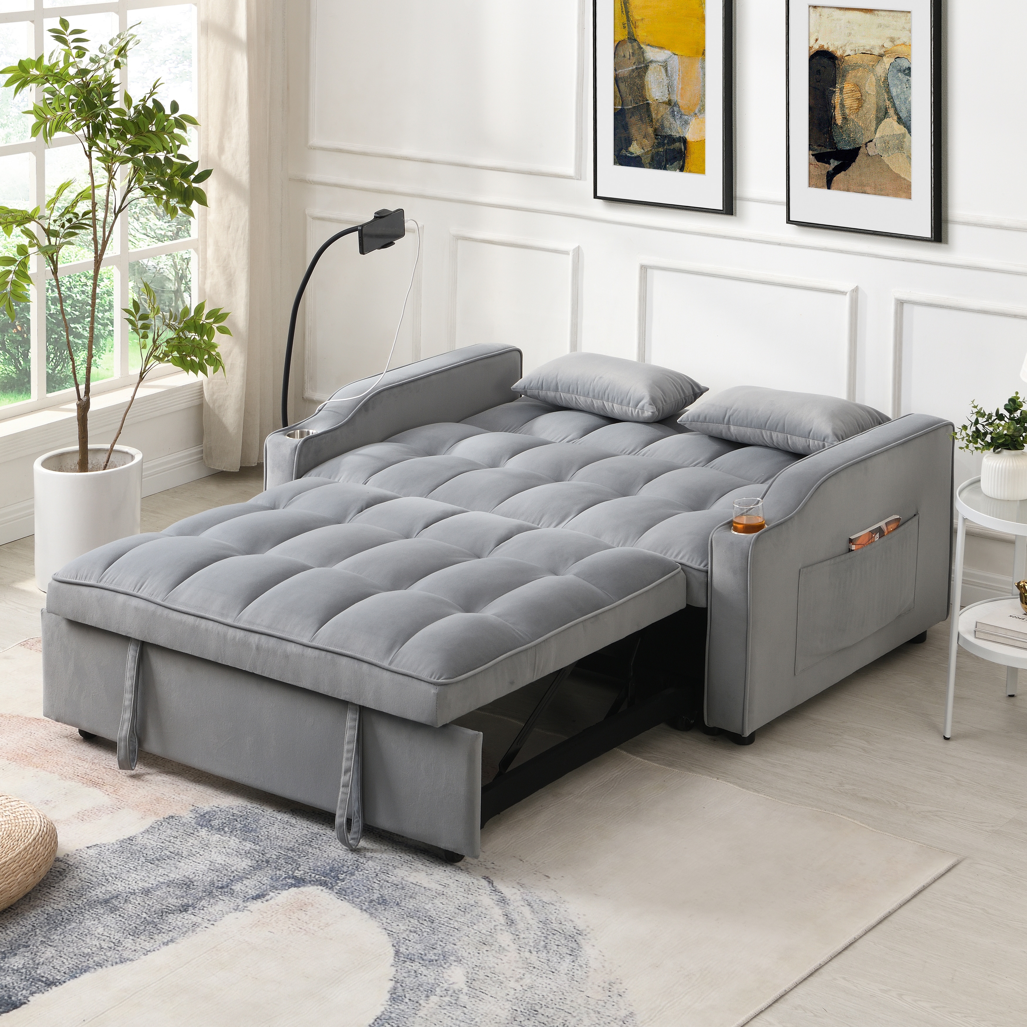 3-in-1 Convertible Sleeper Sofa with USB Charging Ports & Phone Holder, Velvet Sofa Bed with Adjustable Backrest