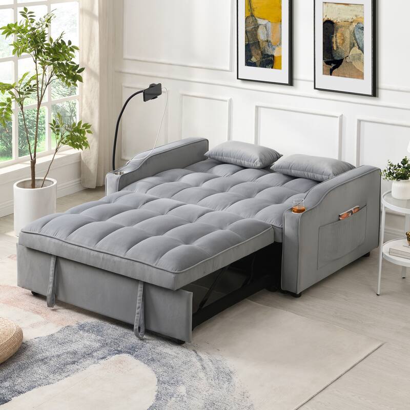 Anmytek 3-in-1 Multi-Functional Modern Velvet Loveseat Futon Pullout Sleeper Sofa Bed - Adjustable Reclining Backrest -  Light Gray