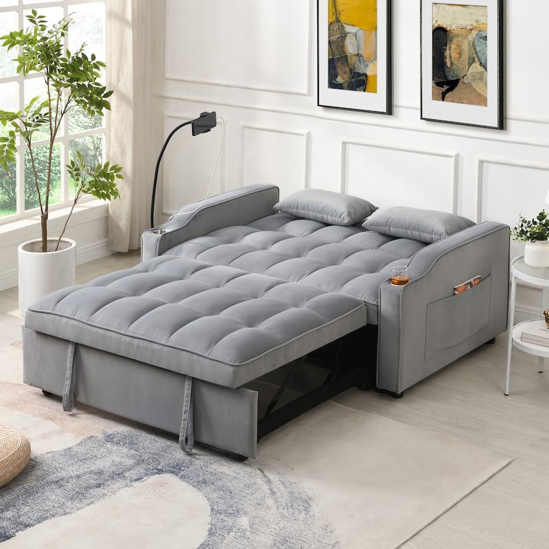 Light Gray Velvet Convertible Sleeper Loveseat Sofa with Adjustable Backrest - Light Gray