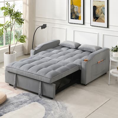Light Gray Velvet Convertible Sleeper Loveseat Sofa with Adjustable Backrest