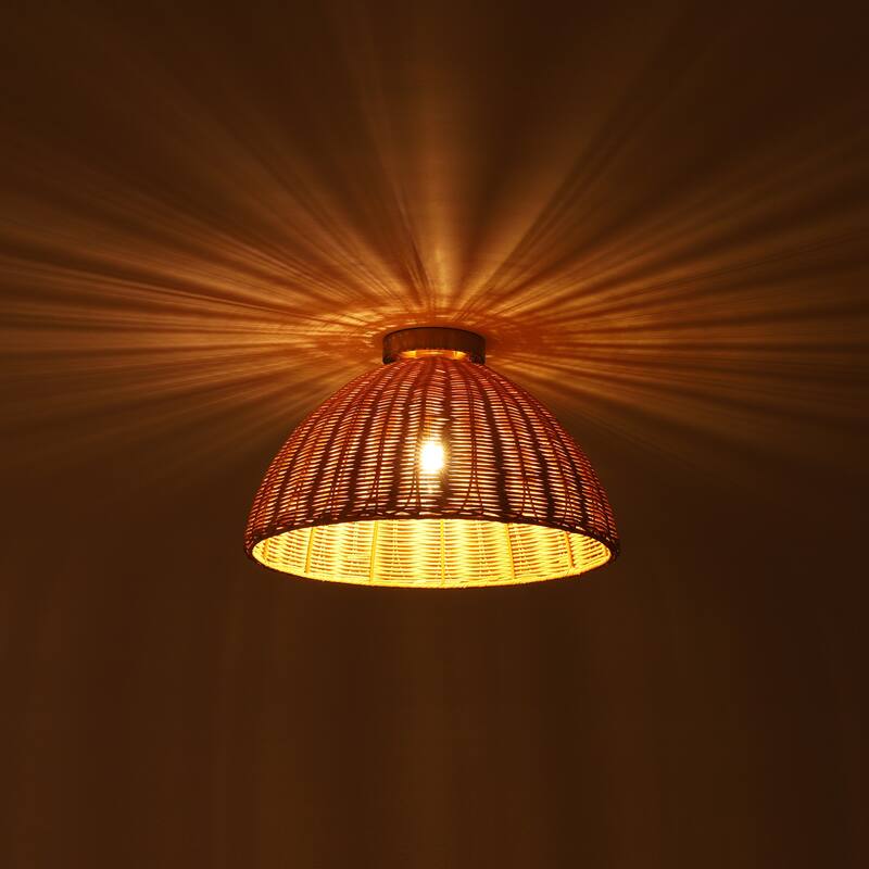 16.5" W Boho Coastal Brown Handwoven Rattan Dome Flush Mount Ceilig Light for Kitchen, Hallways