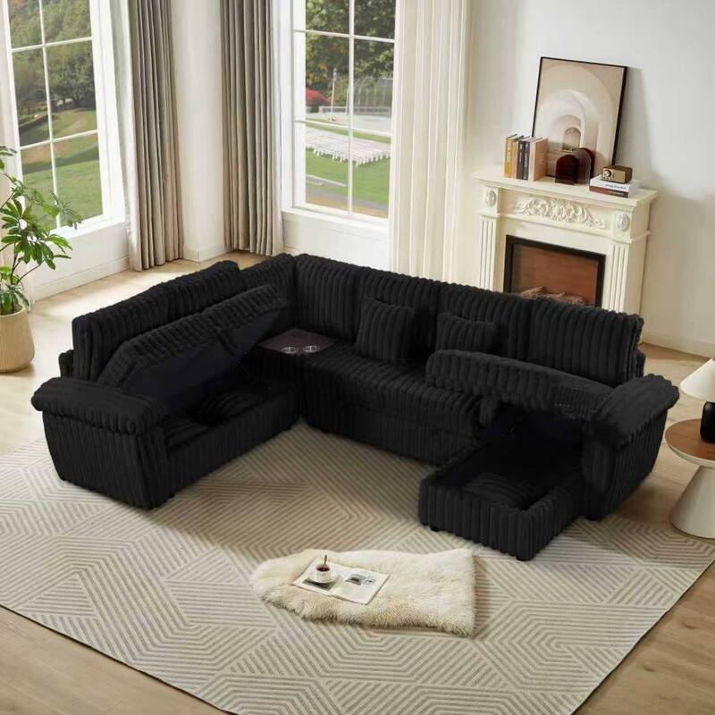 110" U-shaped Corduroy Sectional Sofa, Corner Coffee Table with USB port, Pull-out Bed - Black