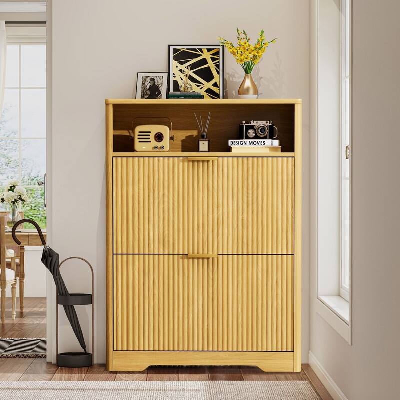 40" Tall Shoe Cabinet Storage for Entryway, Free Standing Organizer with Two Hidden Flip Drawers - Natural