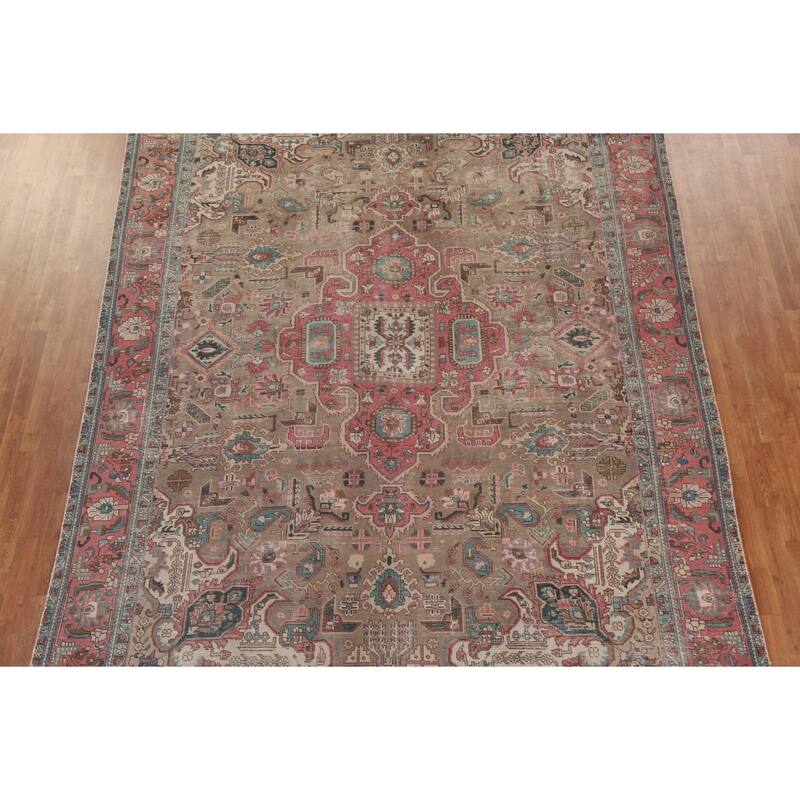 Brown Distressed Tabriz Persian Antique Area Rug Handmade Wool Carpet - 9'2" x 12'10"