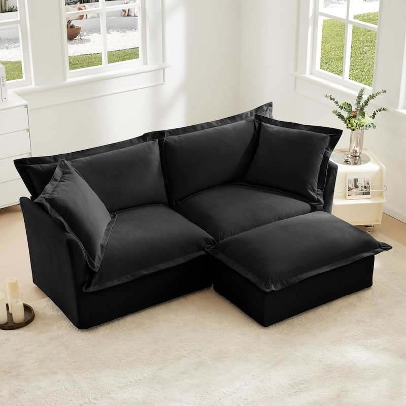 Chenille 2-Seater Sectional Sofa Set with Ottoman, 83.4" Flared Arm Loveseat Couch with Removable Covers for Living Room - Black