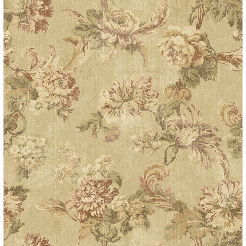 Seabrook Designs Marta Floral Trail Unpasted Wallpaper - 20.5 in. W x 33 ft. L - Metallic Khaki & Maroon
