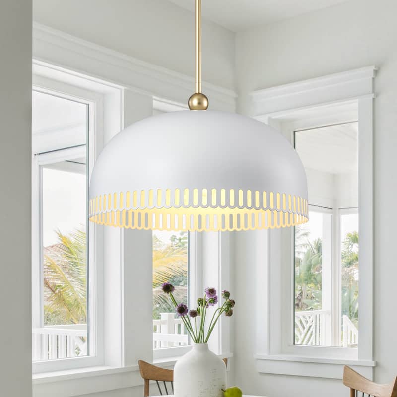 Modern 2-in-1 Dome Pendant or Flush Mount Light Openwork Iron Shade - Dia.16-in