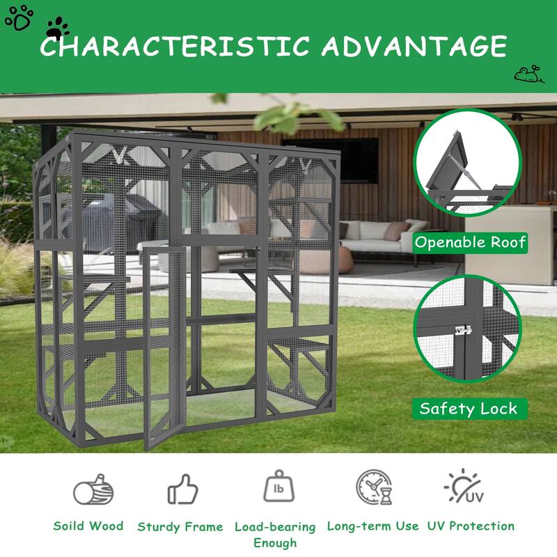 Roomfitters Large Wooden Catio Enclosure, Outdoor Cat House with 6 Platforms, Waterproof Roof, and Large Entry Door, Gray