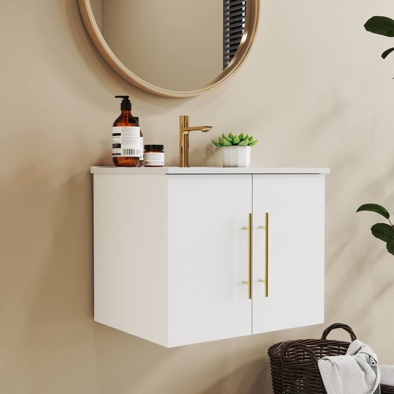 24-Inch Wall-Mounted Bathroom Vanity with Sink Combo,Double Doors,Soft Close Hinges, Ceramic Basin,Easy Assemble