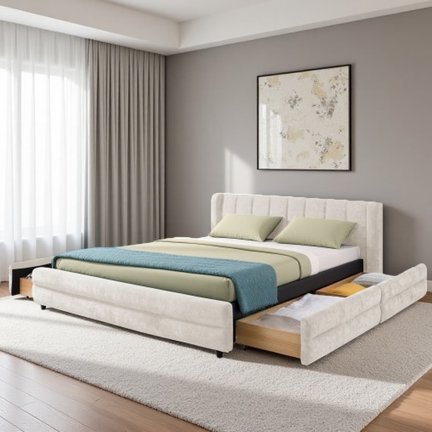 Queen Size Upholstered Platform Bed with Chenille Fabric, Soft Headboard, Under-Bed Storage Drawers with Rollers